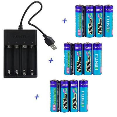 Incarcator USB Kentli CHU4  + 12 bucati acumulatoare PH5 Litiu-ion AA 3000mWh